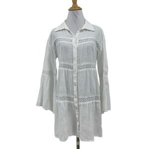 Helen Jon Dress Womens M Medium White Cotton Eyelet Trim Bell Sleeves Button Up